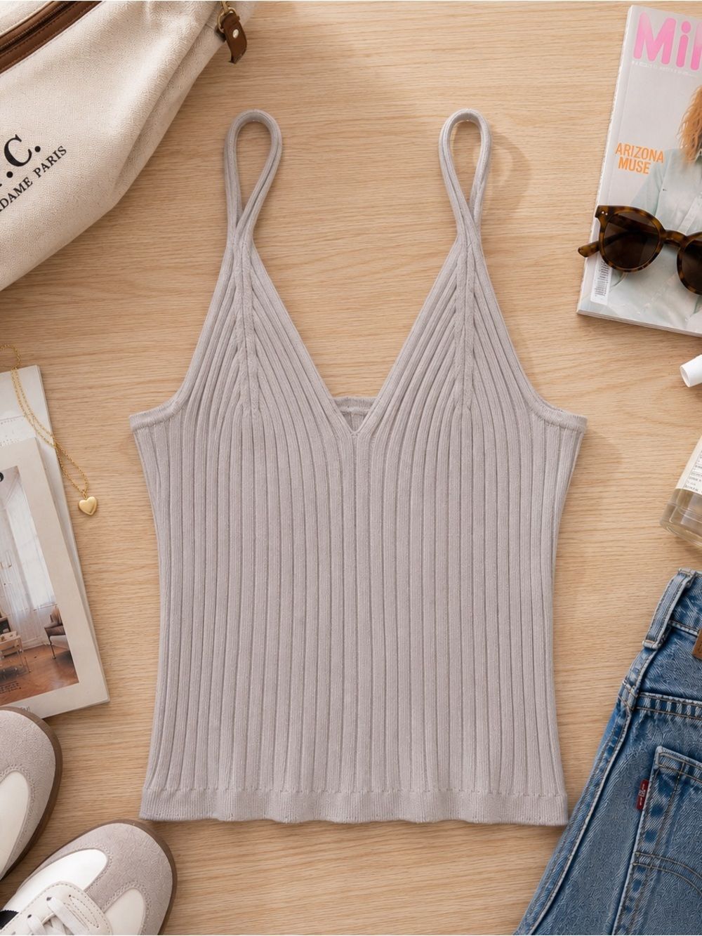 H&M Ribbed Knit V-Neck Cami Tank Top Taupe Gray Medium
